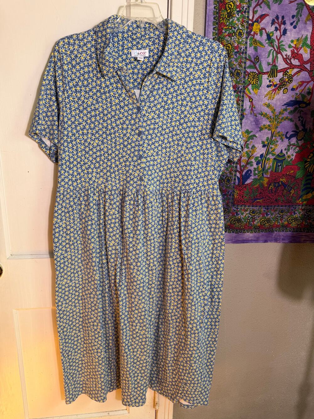 d&CO Denim Company 1X Blue Floral Midi Dress Cottagecore Prairie Polo Yellow